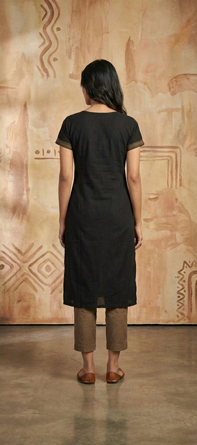 Ethnic Thread Embroidery Straight Long Kurti -BLACK