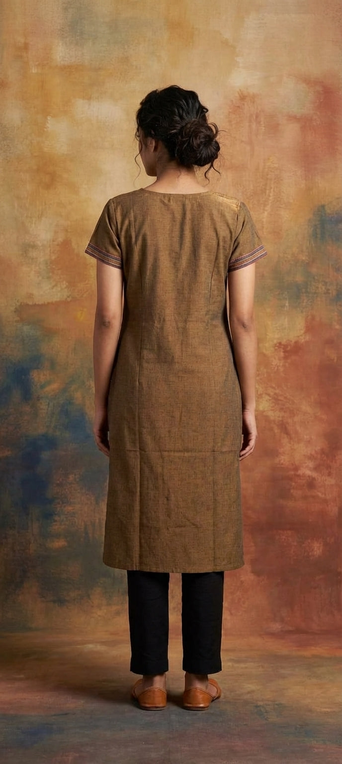 Embroidered Thread Work Long Cotton Kurti for Women - MUSTARD YELLOW