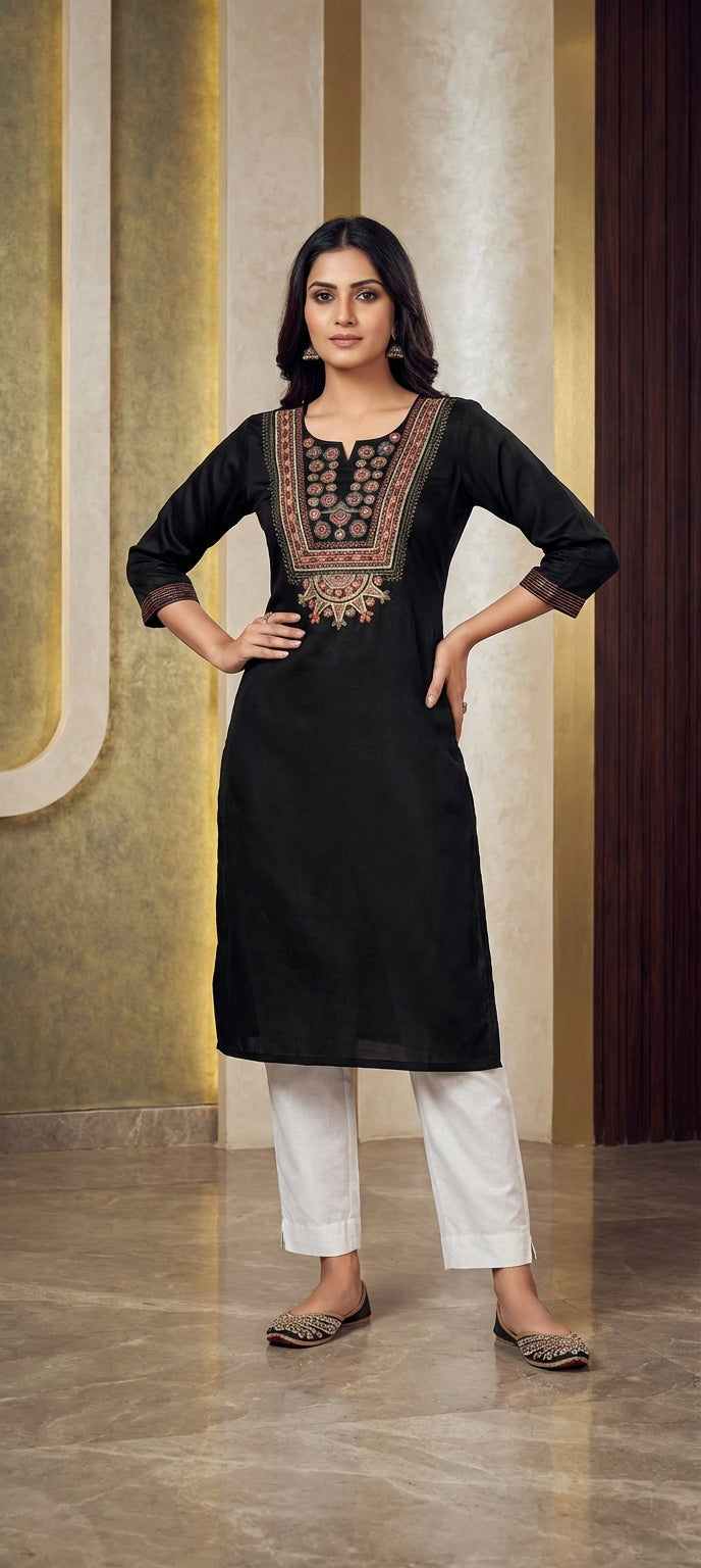 Designer Embroidered Thread Work Gaji Silk Long Kurti for Women