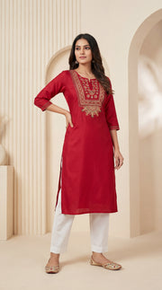 Elegant Neck Work Gaji Silk Long Kurti