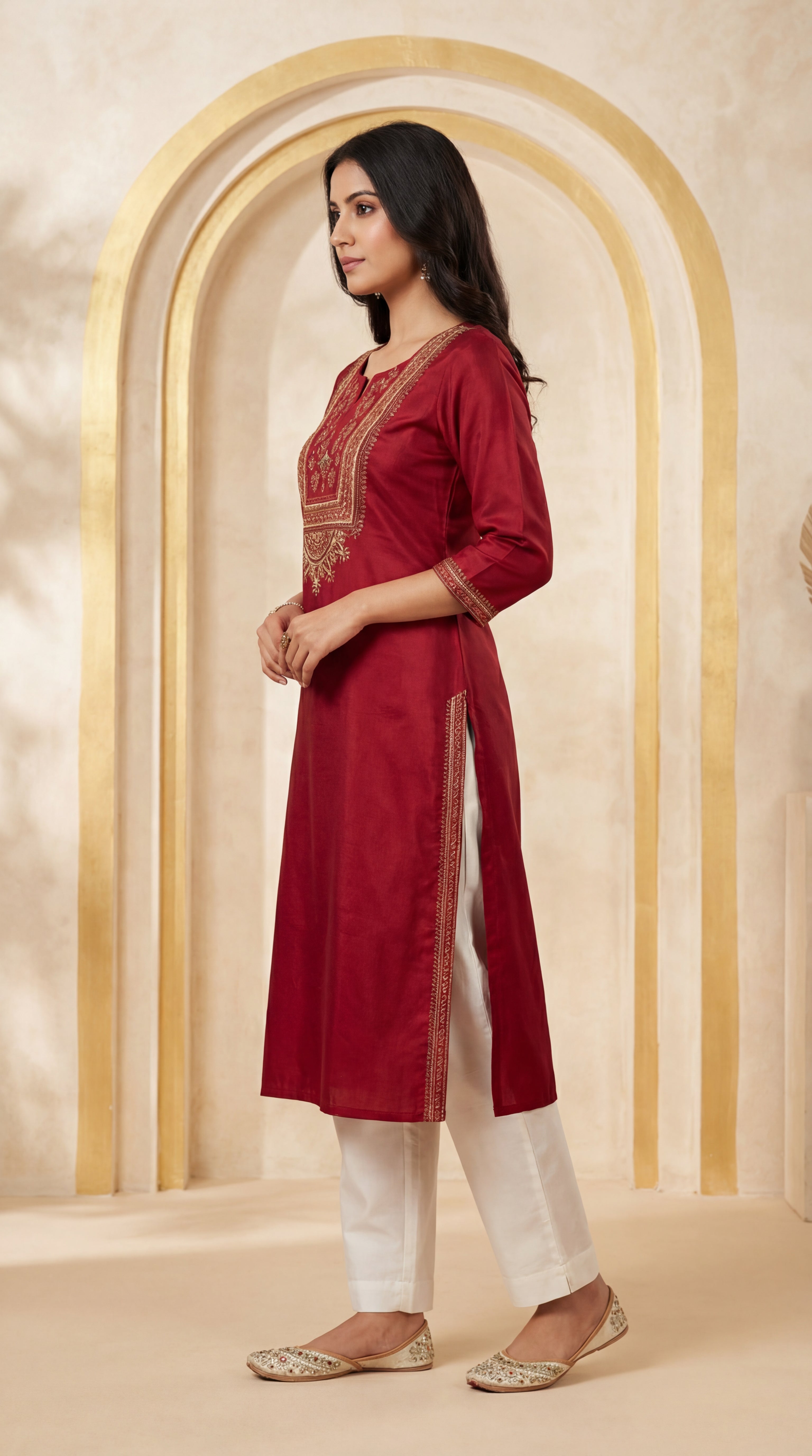 Elegant Neck Work Gaji Silk Long Kurti