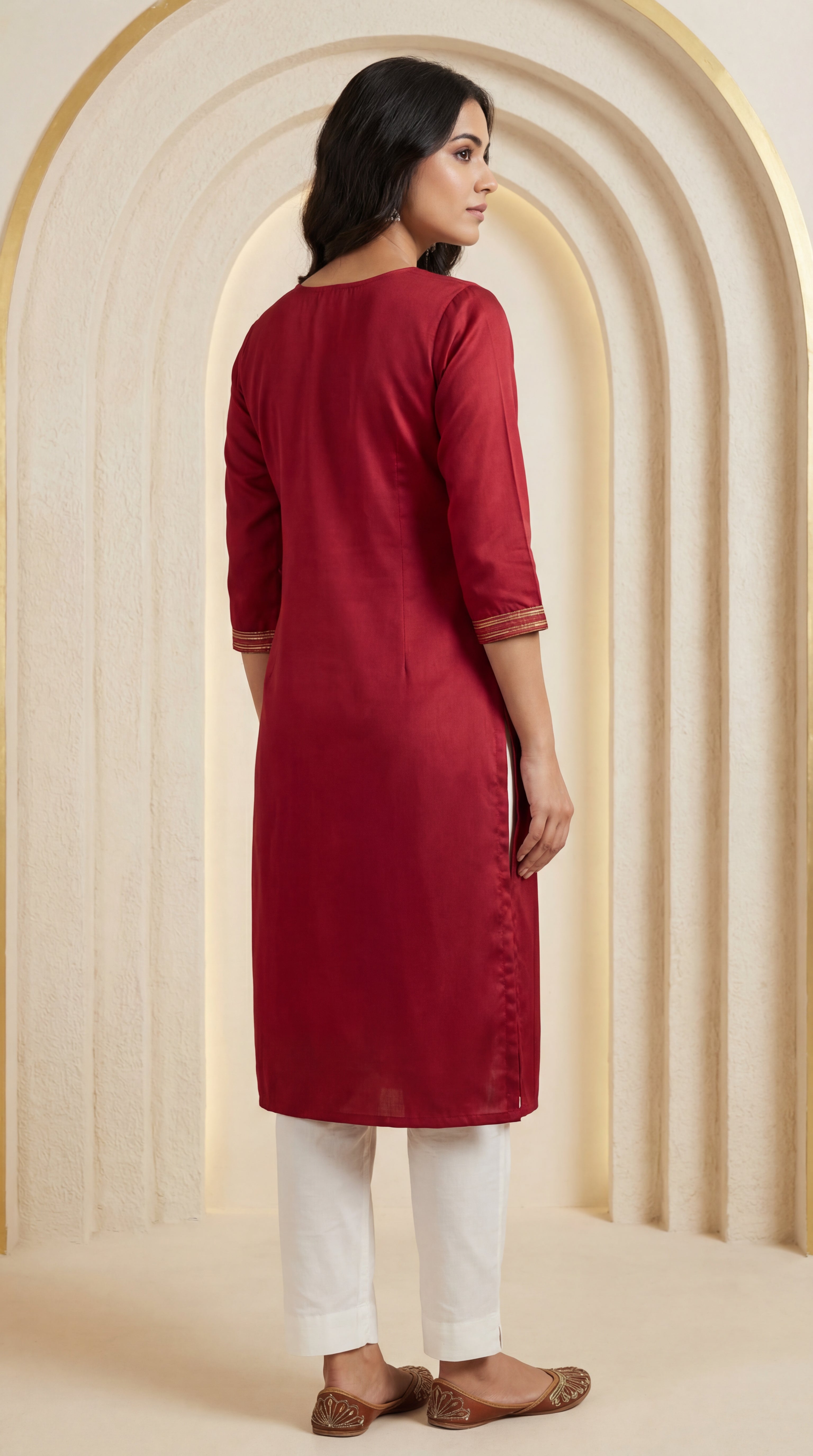 Elegant Neck Work Gaji Silk Long Kurti