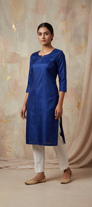 Premium Roral Blue Plain Gaji Silk Kurti