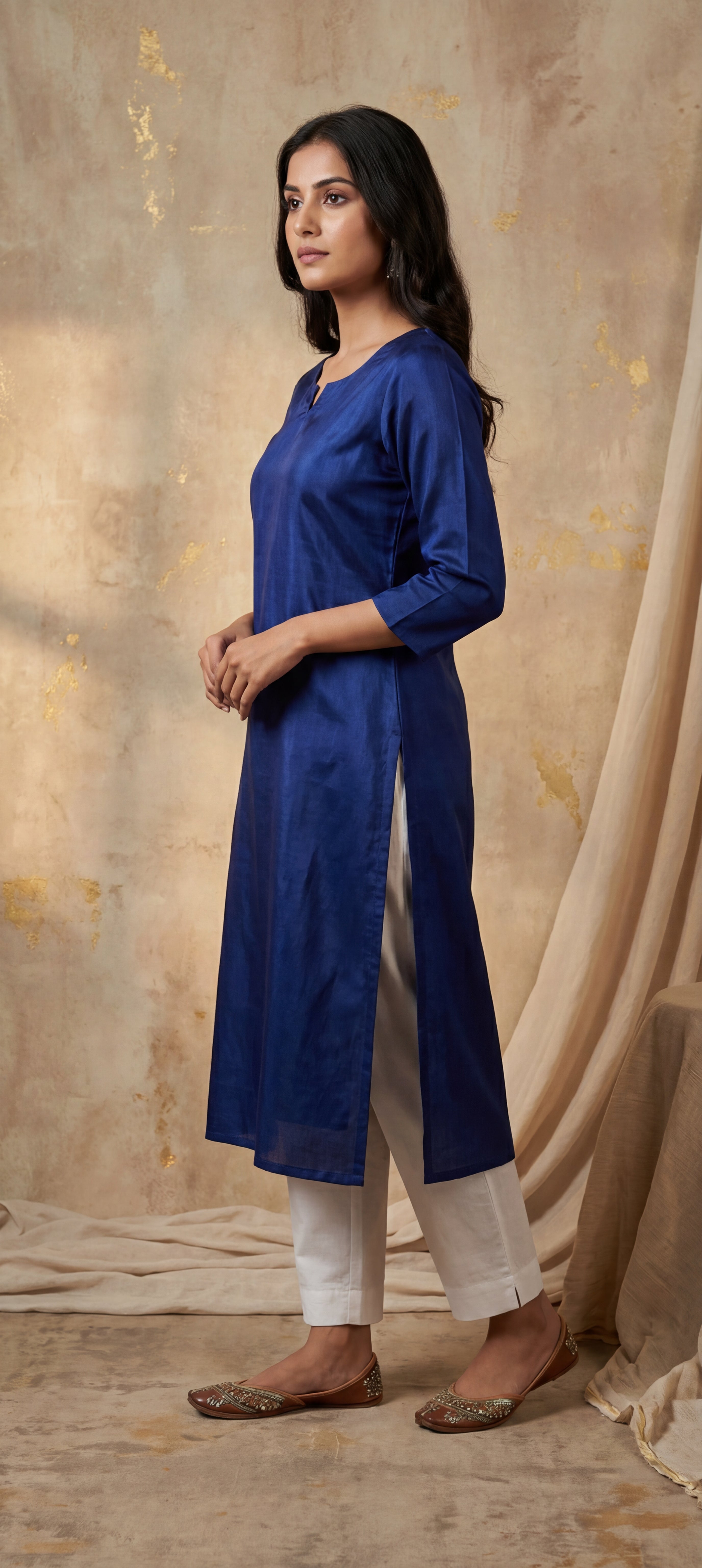 Premium Roral Blue Plain Gaji Silk Kurti