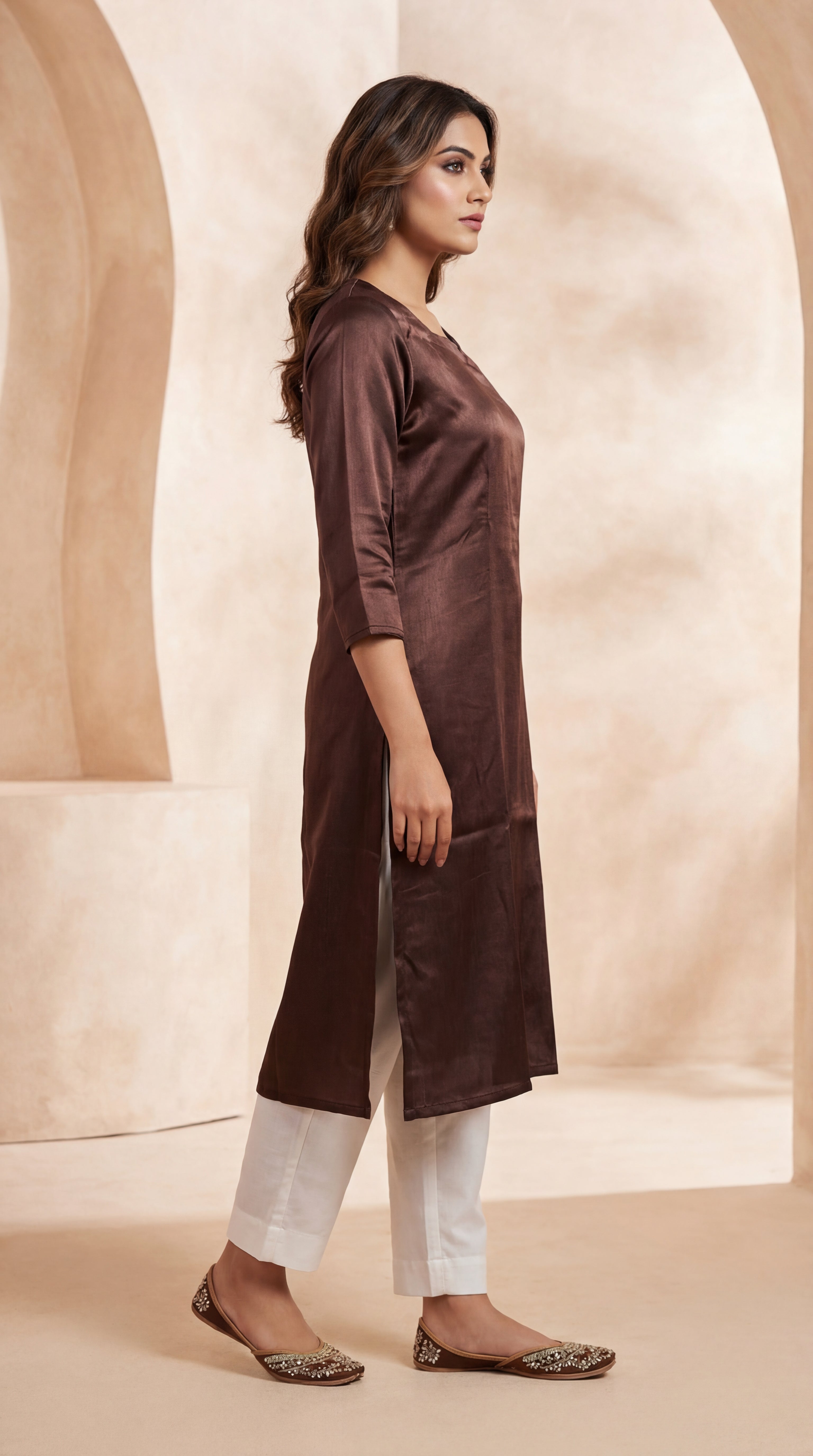 Royal Plain  Brown Gaji Silk Straight Cut Kurti