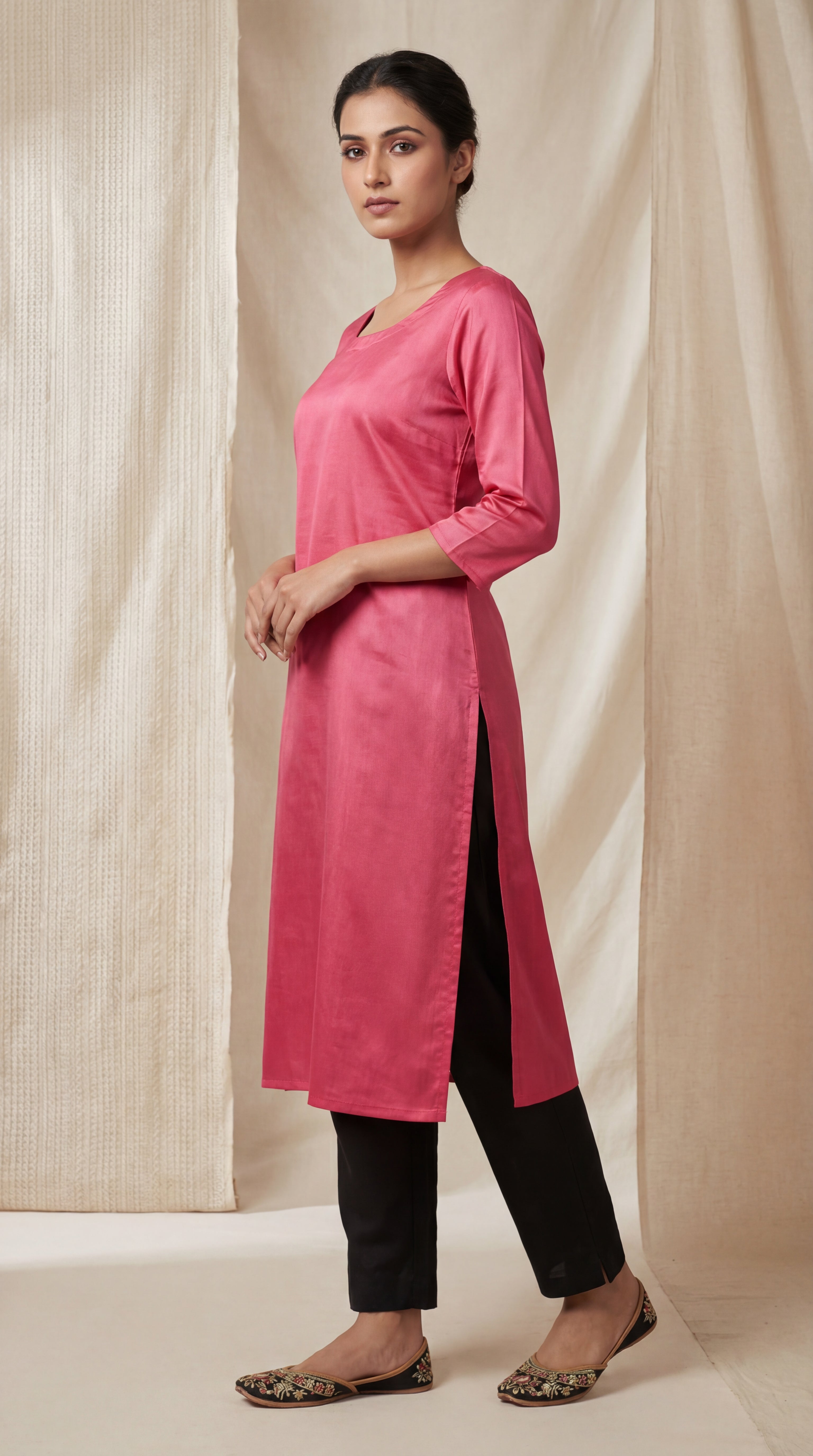 Graceful Pink Plain Gaji Silk Kurti
