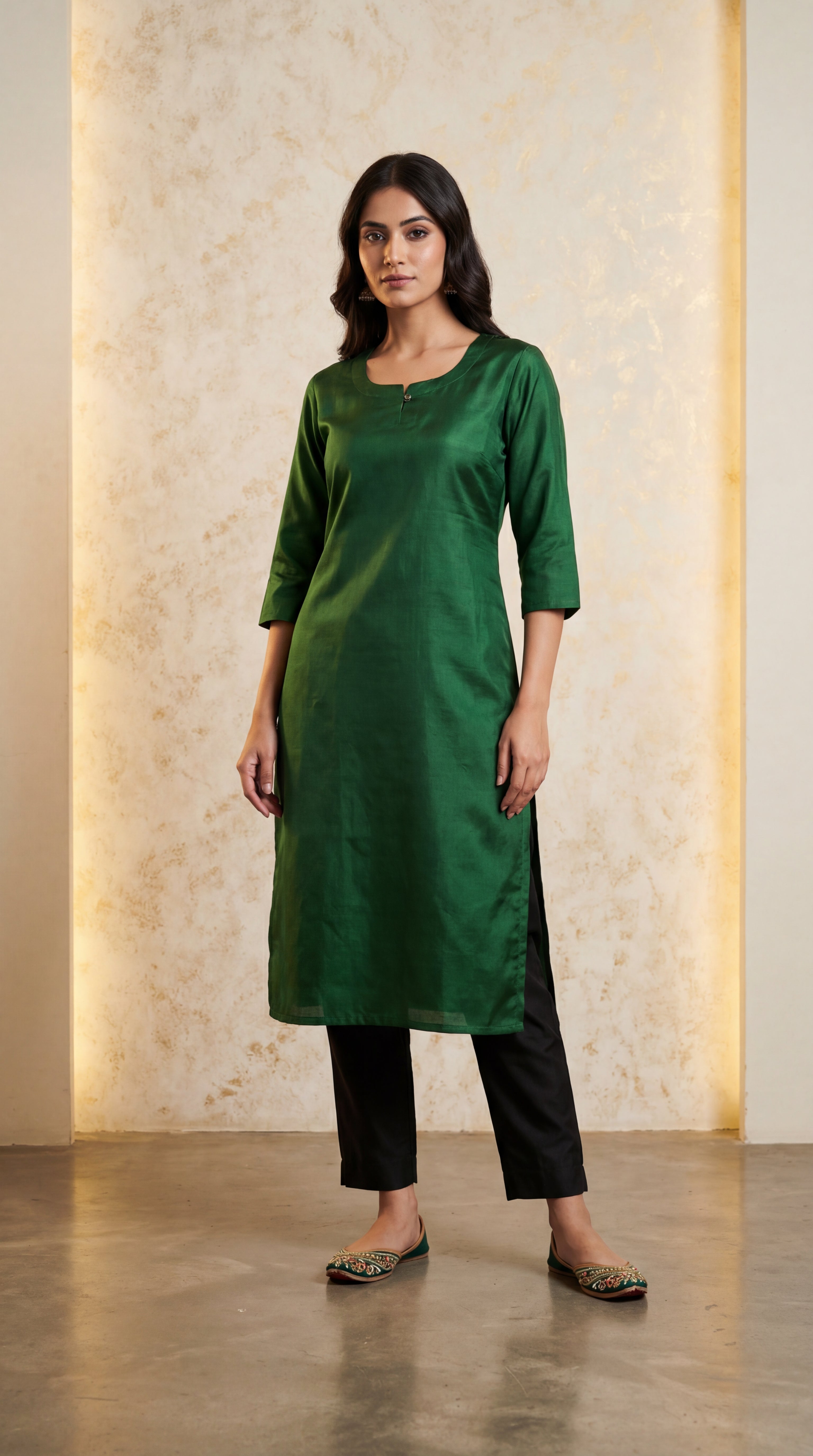 Premium Gaji Silk Plain Long Kurti -Green