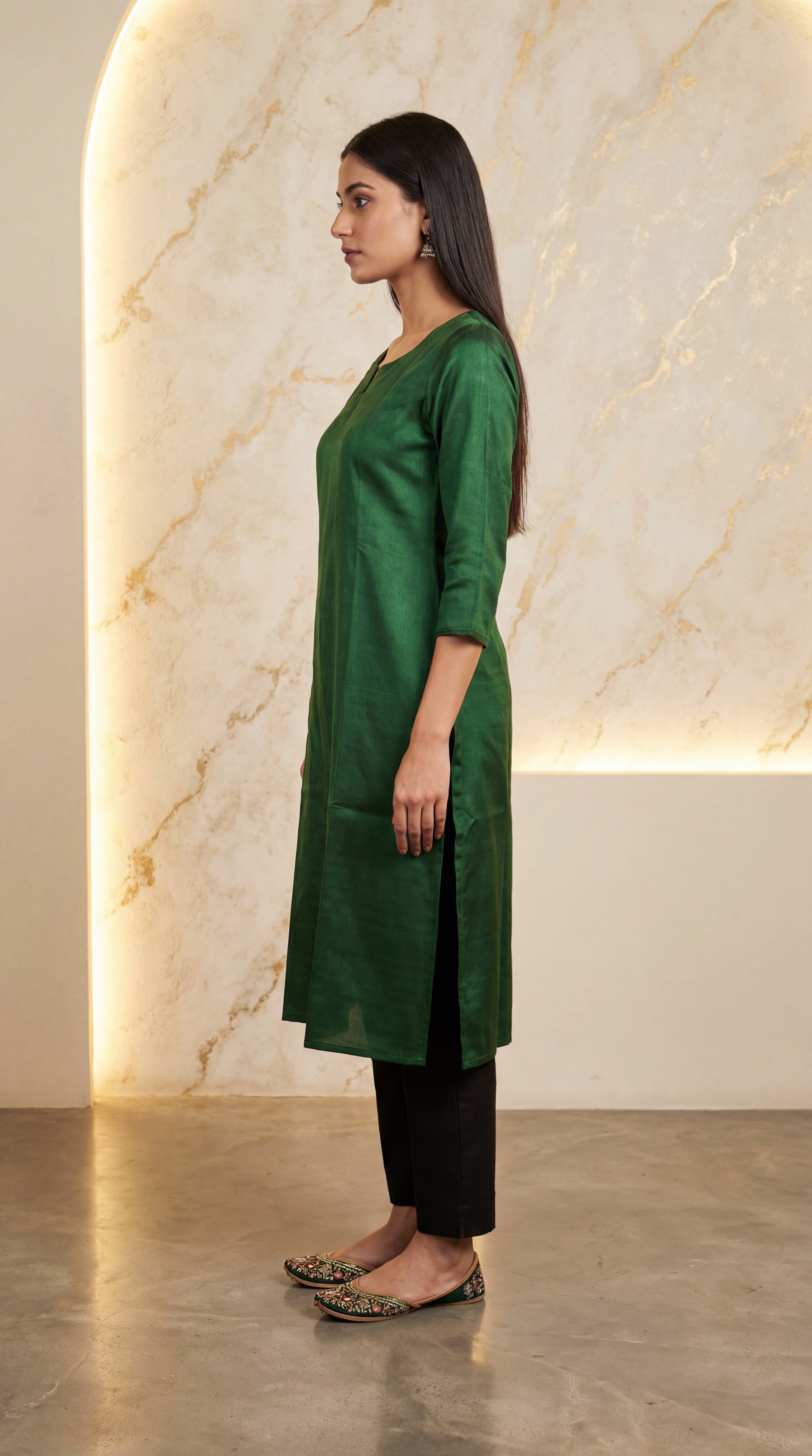 Premium Gaji Silk Plain Long Kurti -Green