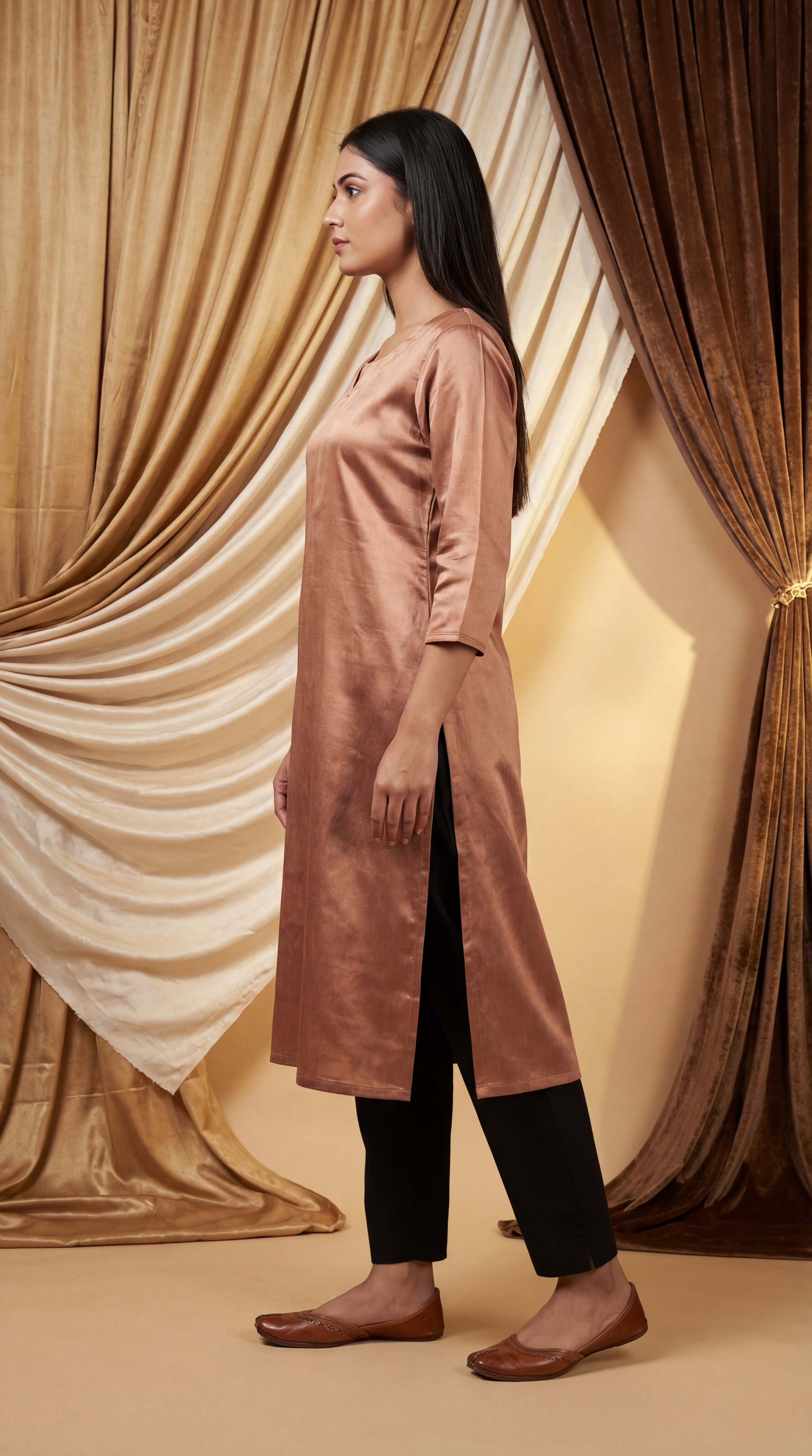 Plain Nude Gaji Silk Straight Long Kurti