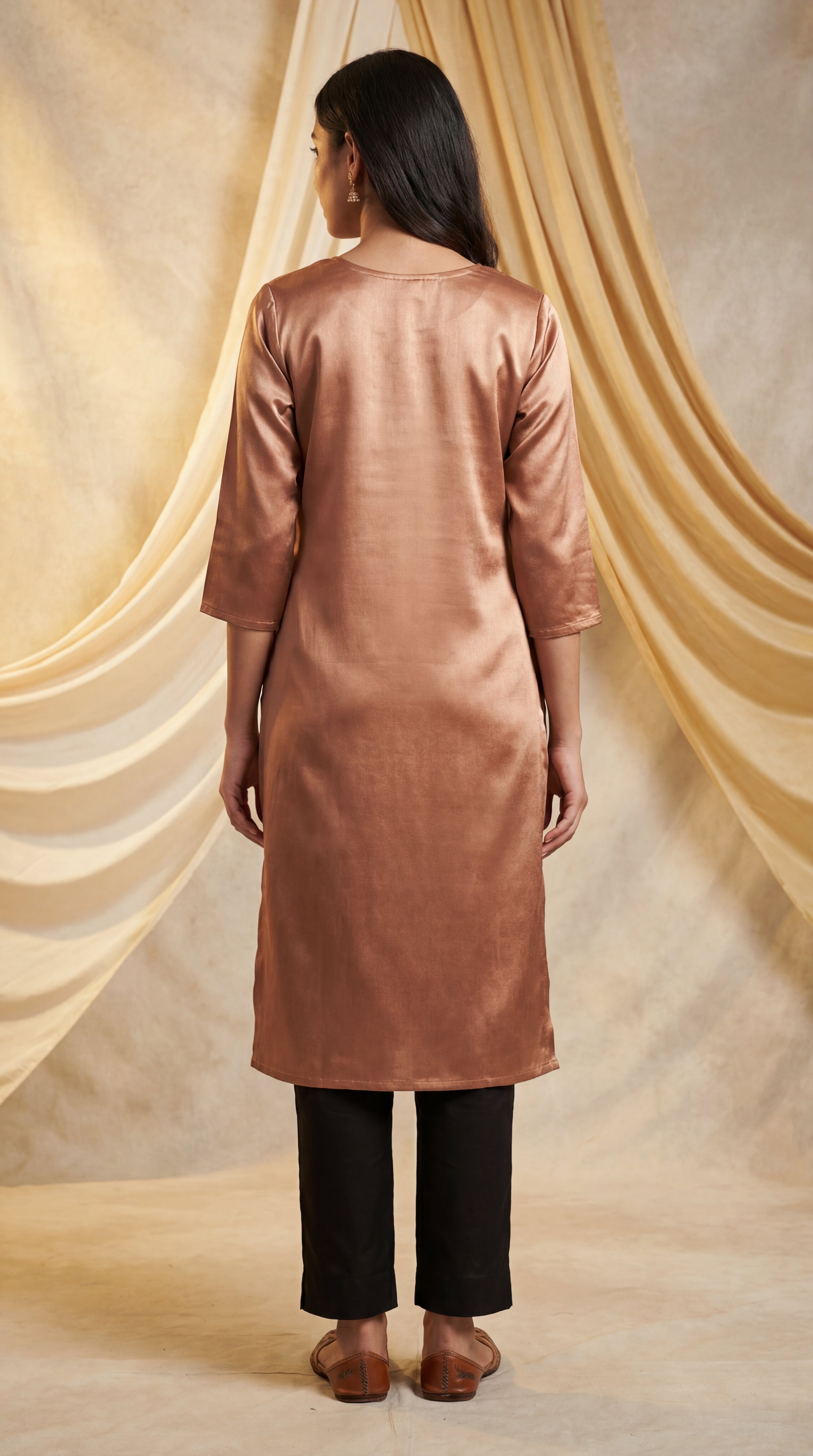 Plain Nude Gaji Silk Straight Long Kurti
