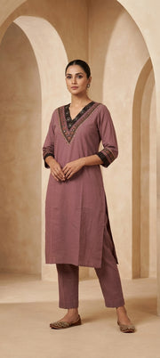 V-Neck Embroidered Kurti Pant Set for Women