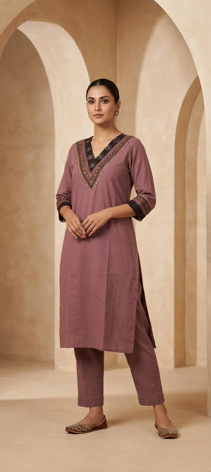 V-Neck Embroidered Kurti Pant Set for Women