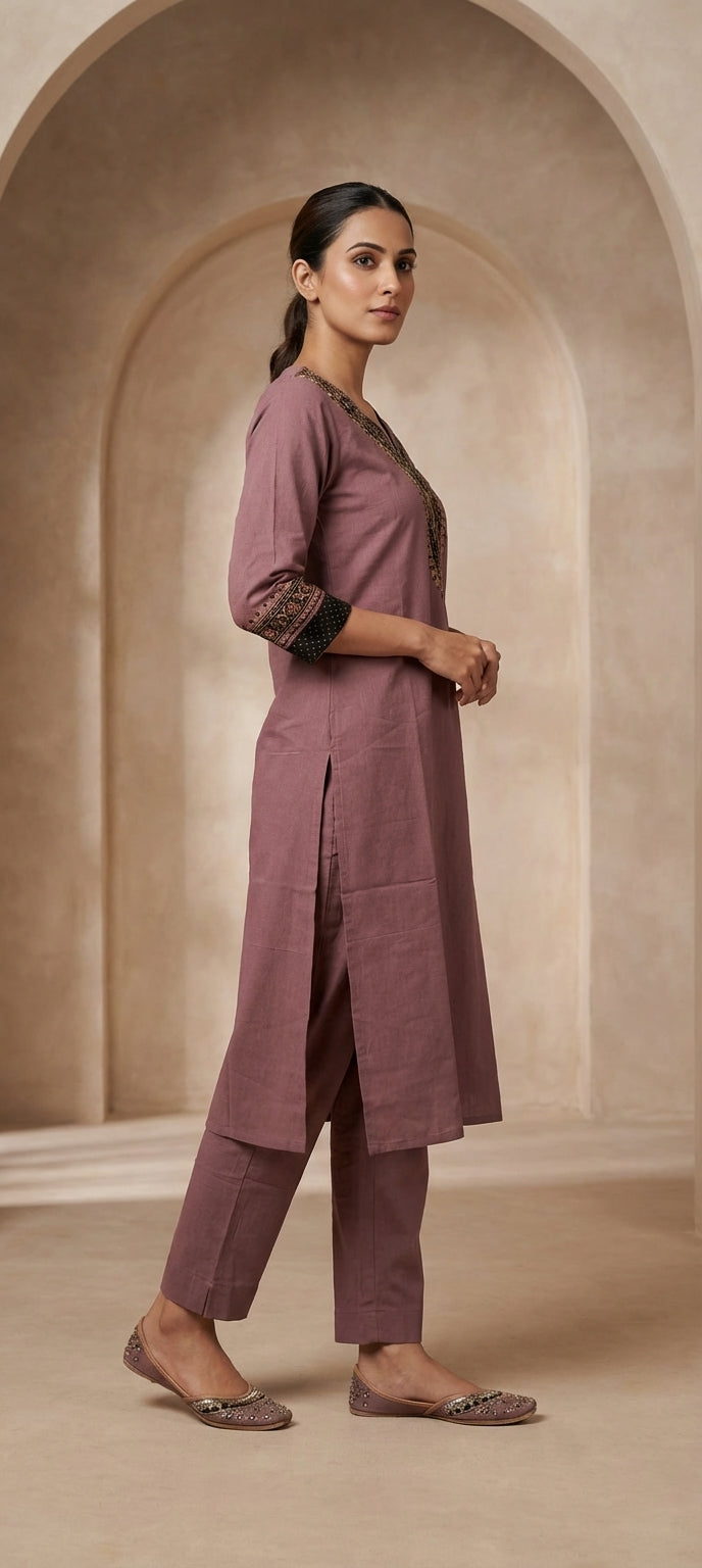 V-Neck Embroidered Kurti Pant Set for Women