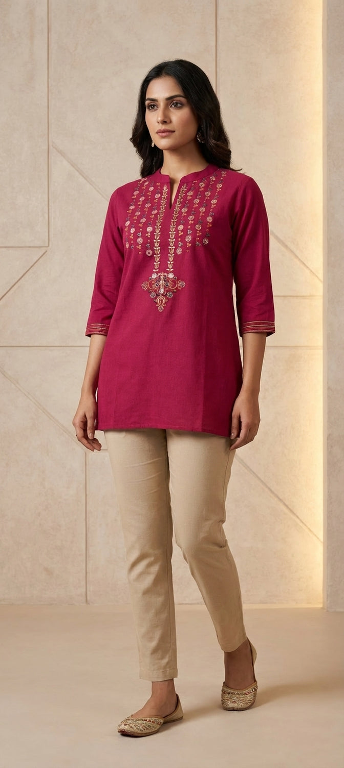 Ethnic Chinese Collar Embroidered Straight Short Kurti