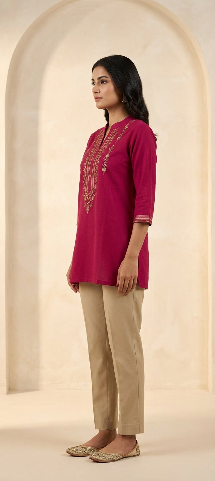 Ethnic Chinese Collar Embroidered Straight Short Kurti
