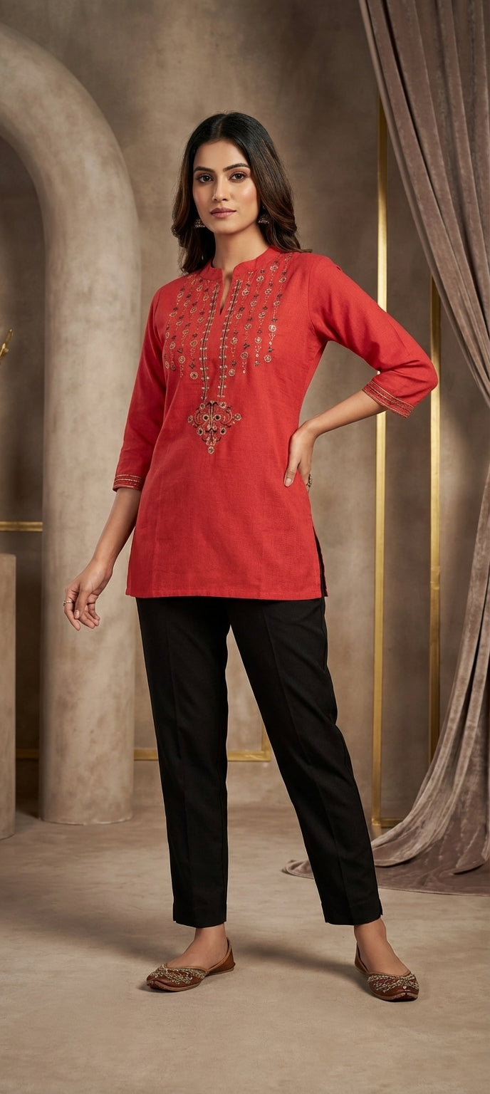 Everyday Wear Orange Embroidered Chinese Neck Short Kurti