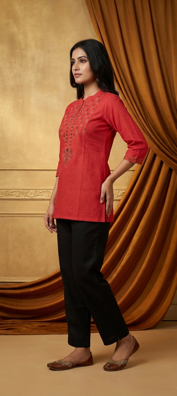 Everyday Wear Orange Embroidered Chinese Neck Short Kurti