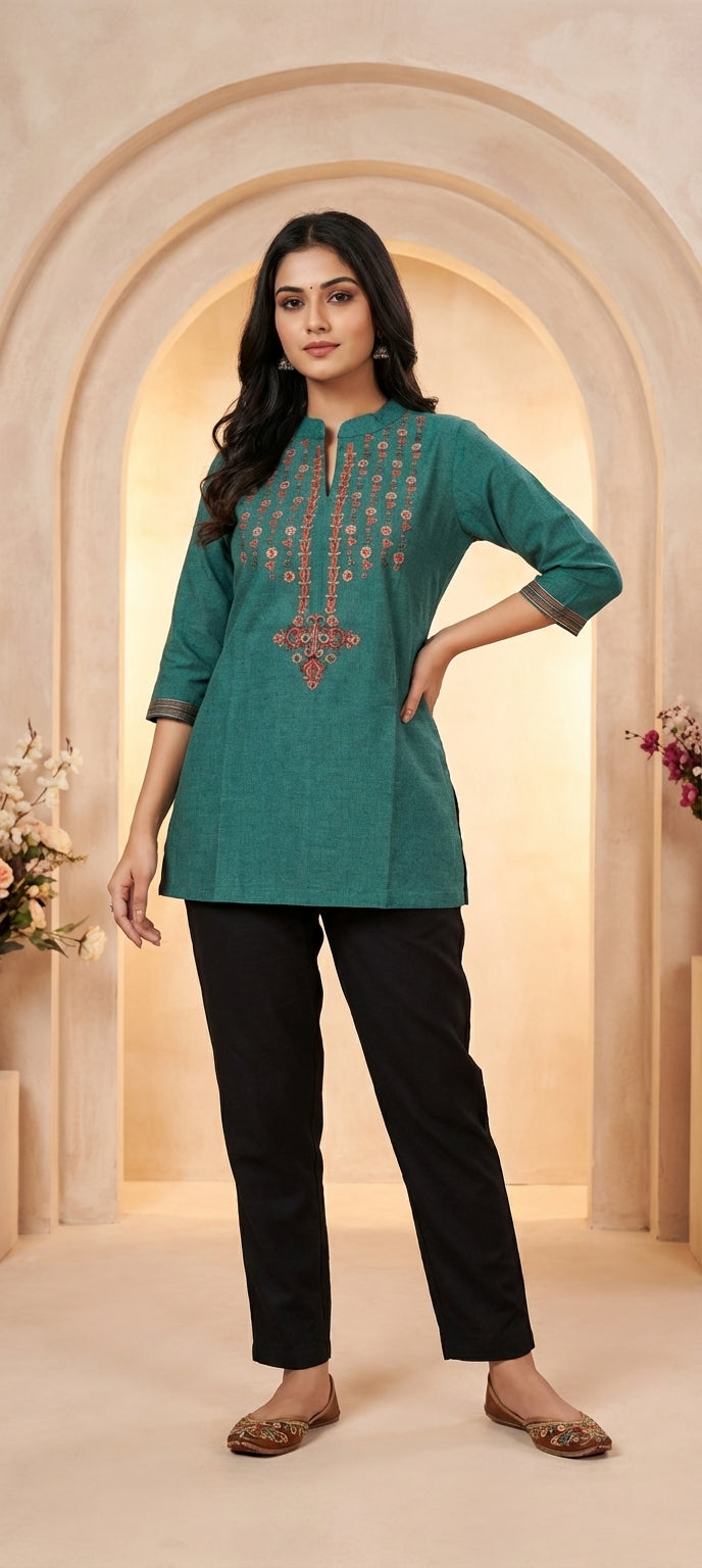 Thread & Mirror  Embroidered Work Chinese Neck Kurti -