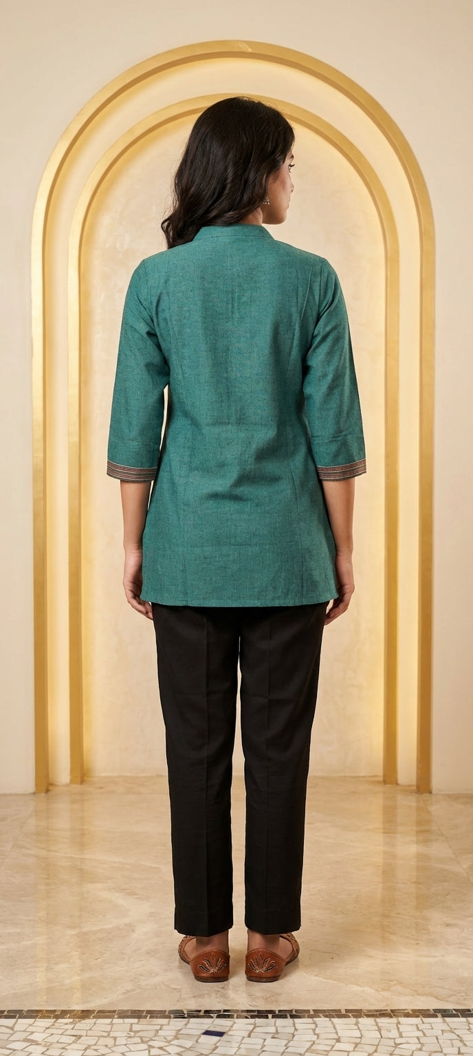 Thread & Mirror  Embroidered Work Chinese Neck Kurti -