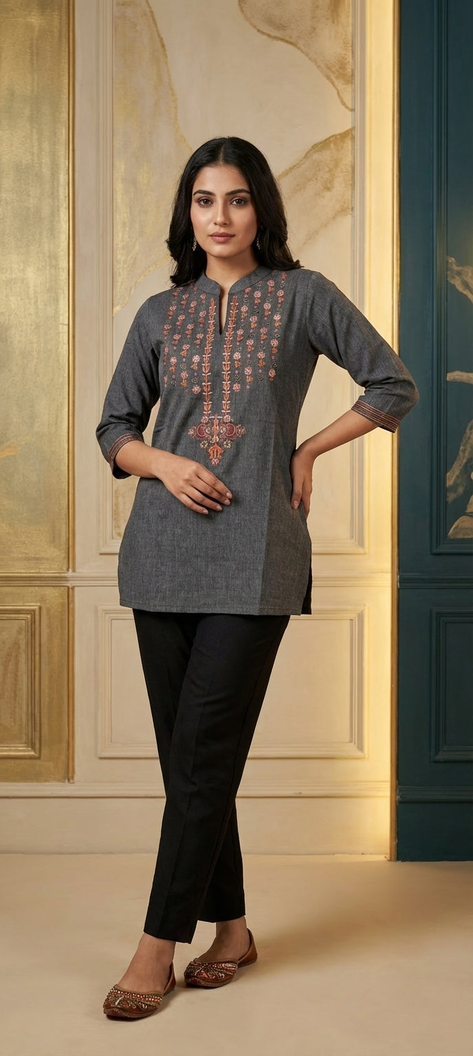 Classic Charcoal Gray Thread & Mirror Embroidery  Chinese Neck Short Kurti