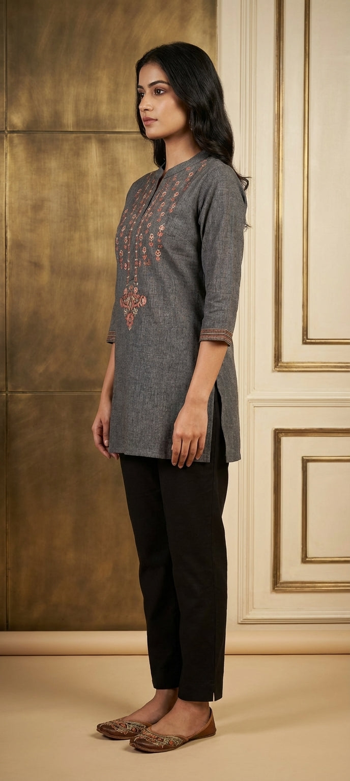 Classic Charcoal Gray Thread & Mirror Embroidery  Chinese Neck Short Kurti