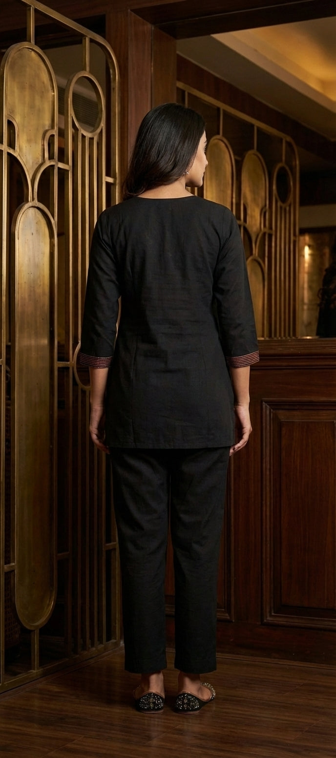 Classic Black Short Kurti with Subtle Thread Work