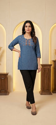 Everyday Elegance Thread Work Short Kurti - DENIM BLUE
