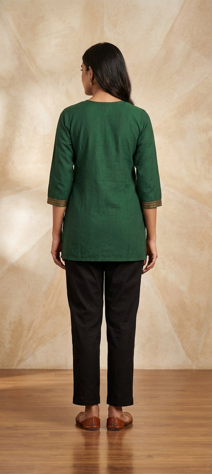 Ethnic Thread Embroidery Bottle Green Short Kurti