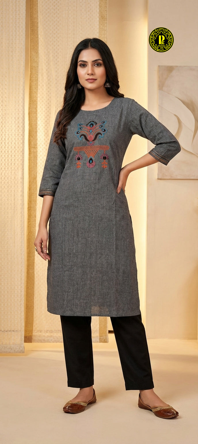 Paneri Embroidery Charcoal Grey Embroidered Kurti