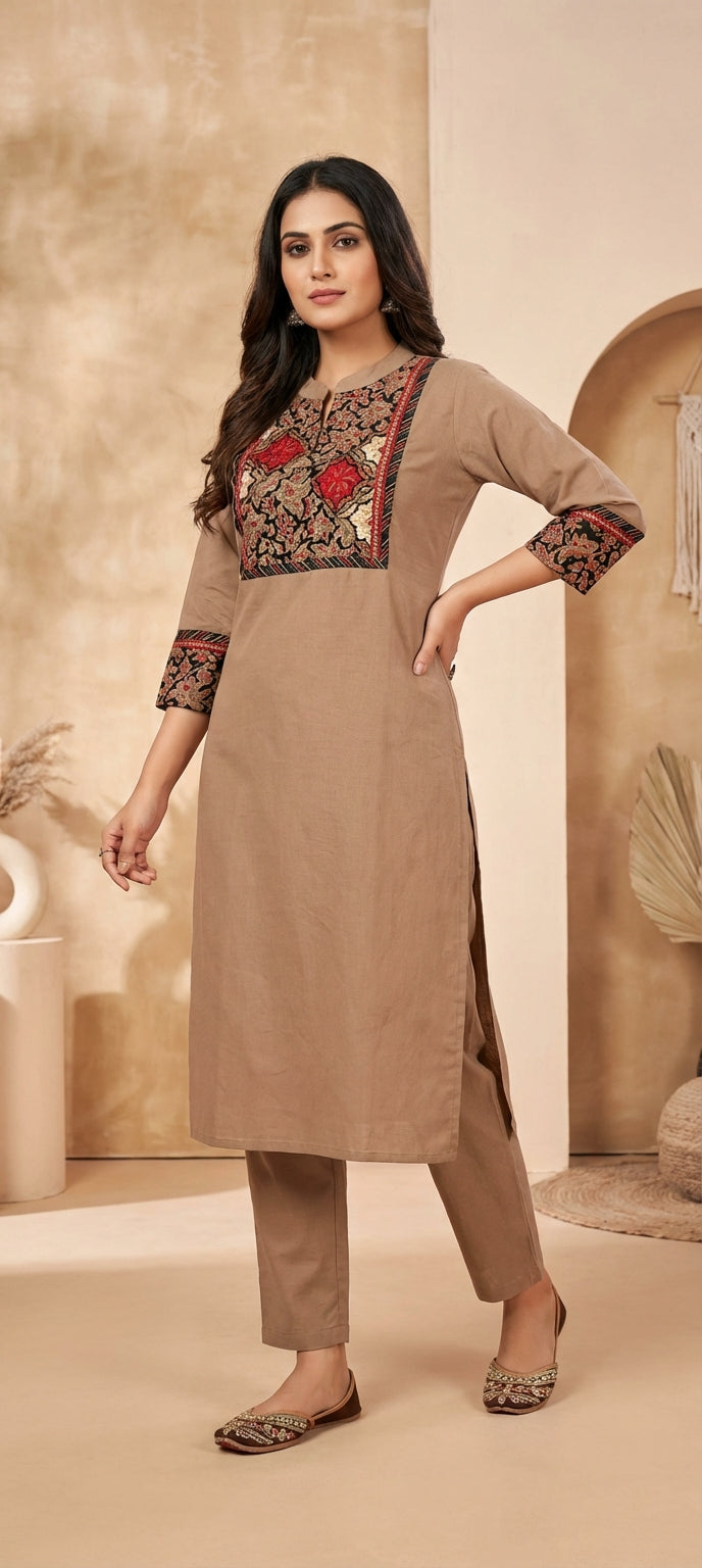 Traditional Embroidered Neck Kurti Pant Co-Ord Set