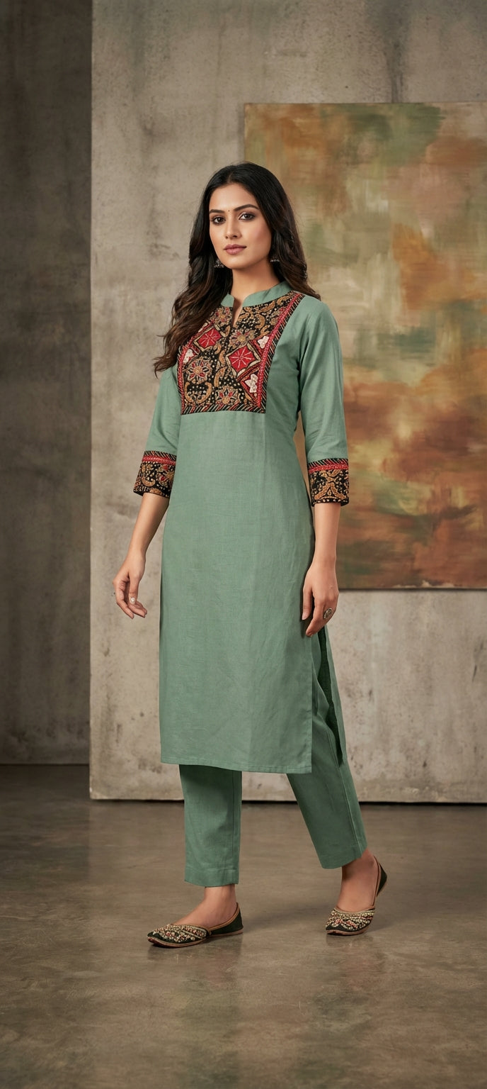 Traditional Embroidered Neck Kurti Pant Co-Ord Set