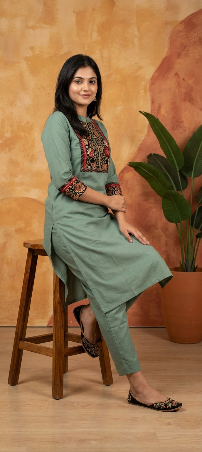 Traditional Embroidered Neck Kurti Pant Co-Ord Set