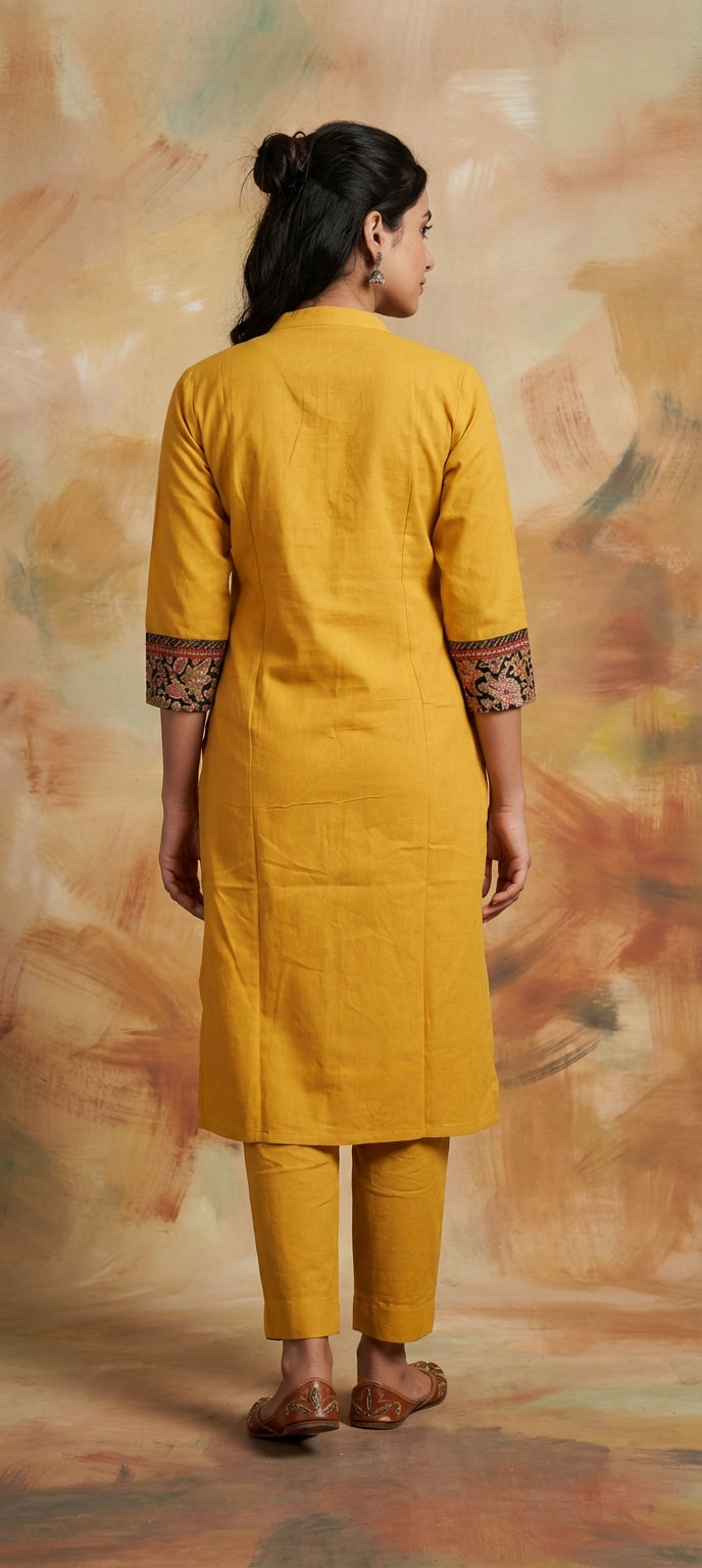 Elegant Yellow Thread Embroidery Kurti Pant Set