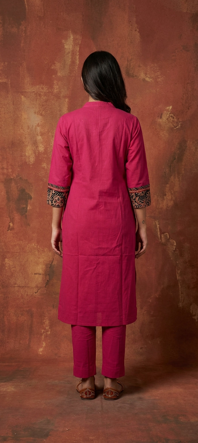Ethnic Charm Rani Pink Kurti Pant Set with Yoke Work