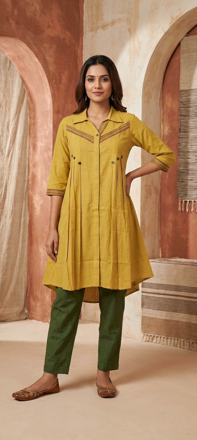 Mustard Collared Neck Thread Work Knee-Length Kurti