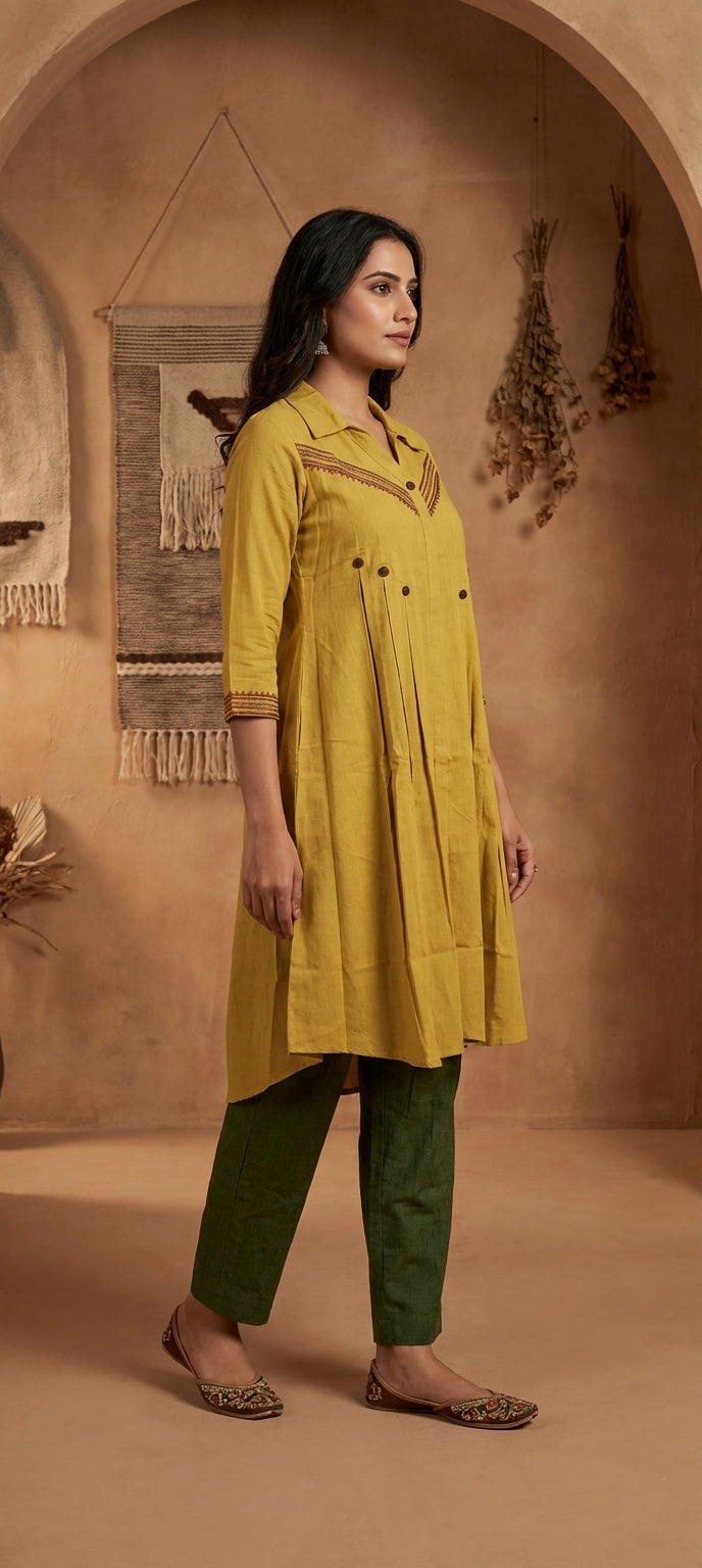 Mustard Collared Neck Thread Work Knee-Length Kurti
