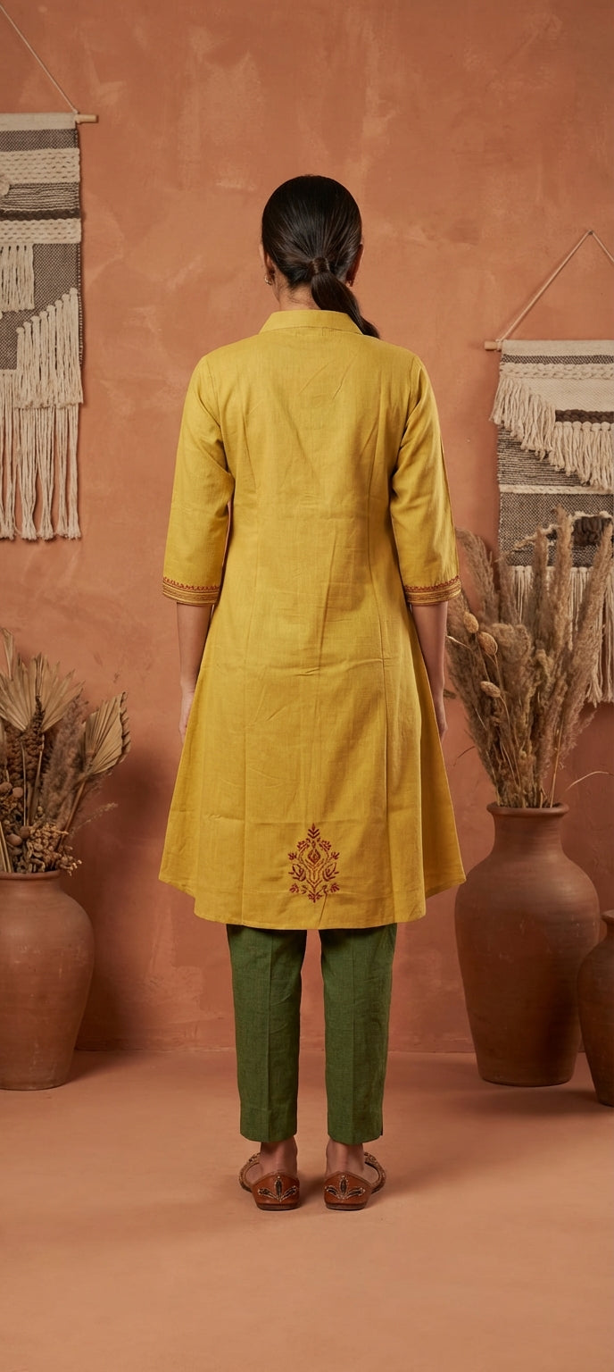 Mustard Collared Neck Thread Work Knee-Length Kurti