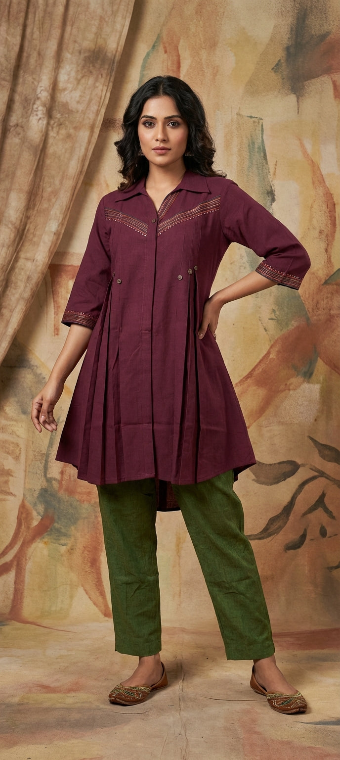Wine Ethnic Thread Work Collared Kurti