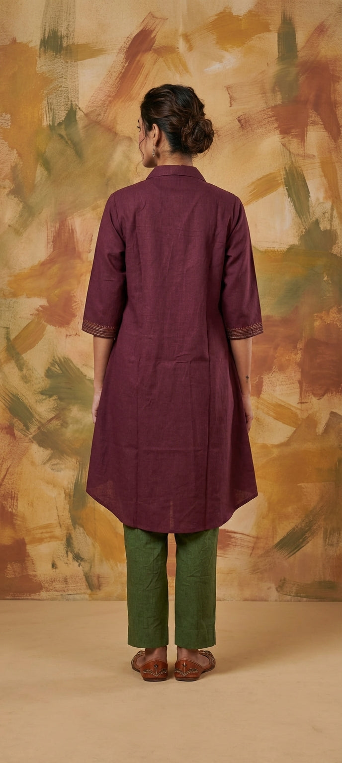 Wine Ethnic Thread Work Collared Kurti