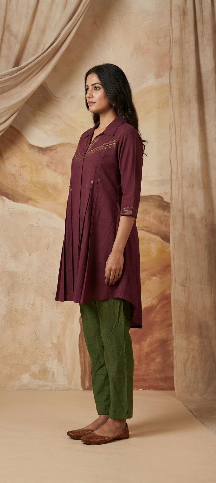Wine Ethnic Thread Work Collared Kurti