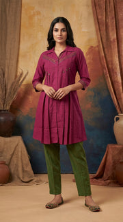 Shirt-Style Embroidered Pleated Kurti