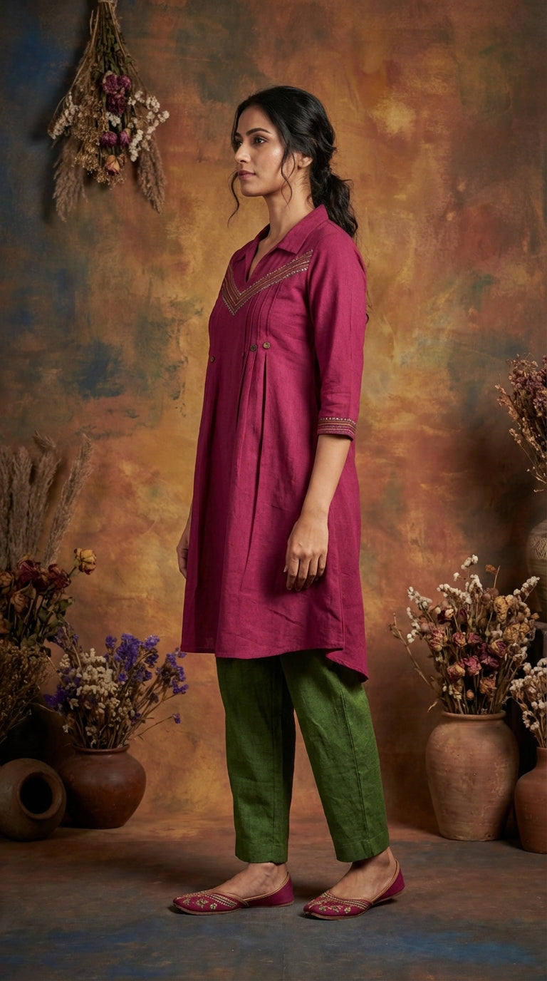 Shirt-Style Embroidered Pleated Kurti