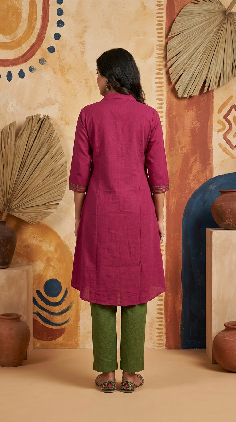 Shirt-Style Embroidered Pleated Kurti