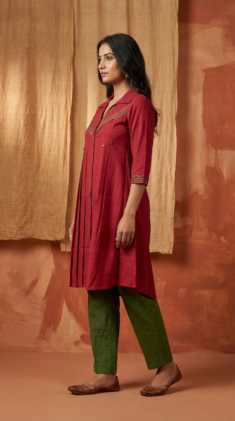 Embroidered Collared Neck A-Line Kurti