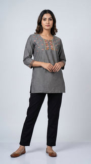 Classic Grey Thread Work Short Kurti