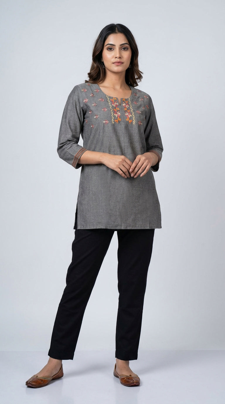 Classic Grey Thread Work Short Kurti