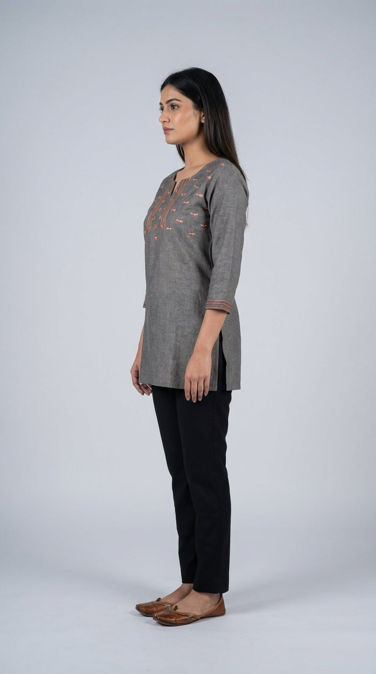 Classic Grey Thread Work Short Kurti