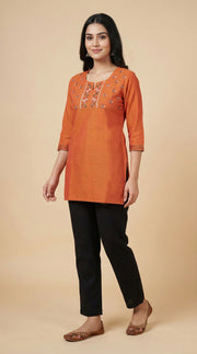 Ethnic Charm Orange Embroidered Short Kurti -