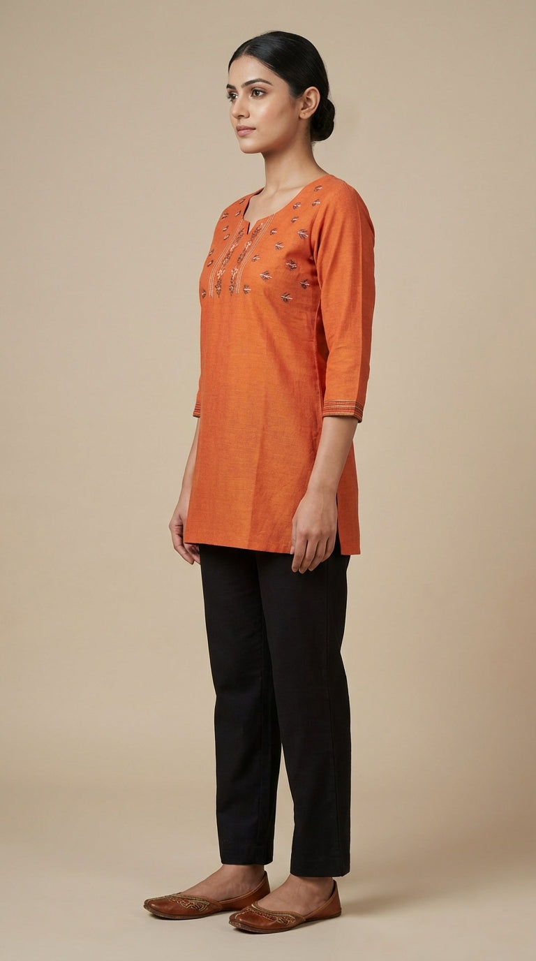 Ethnic Charm Orange Embroidered Short Kurti -
