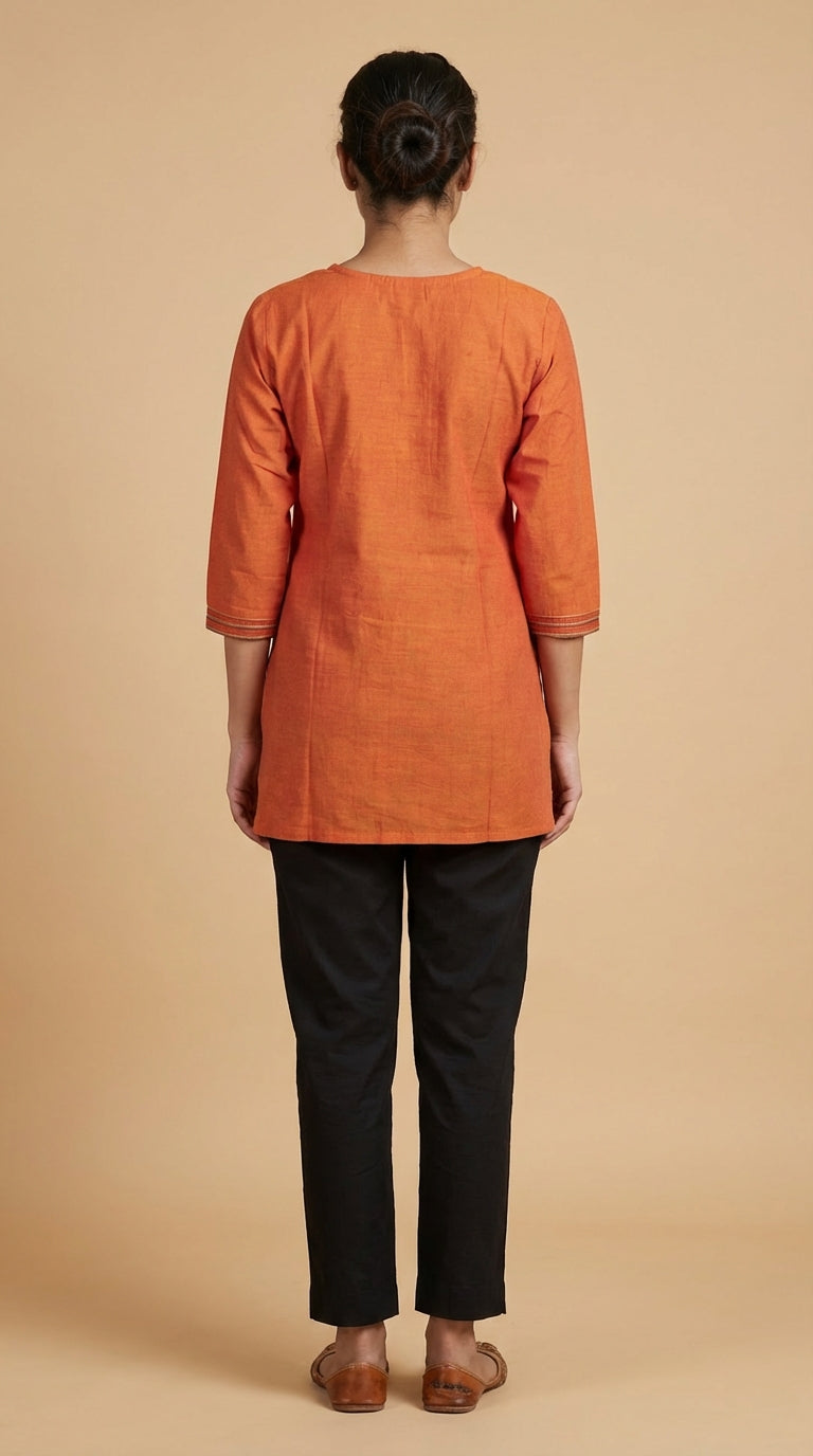 Ethnic Charm Orange Embroidered Short Kurti -